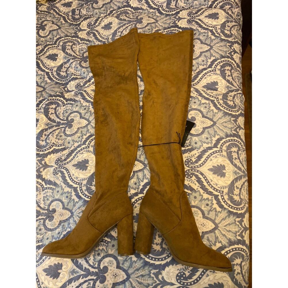 Forever 21 Brown/Tan Faux Suede Over The Knee Block Heel Boots Women Size 10